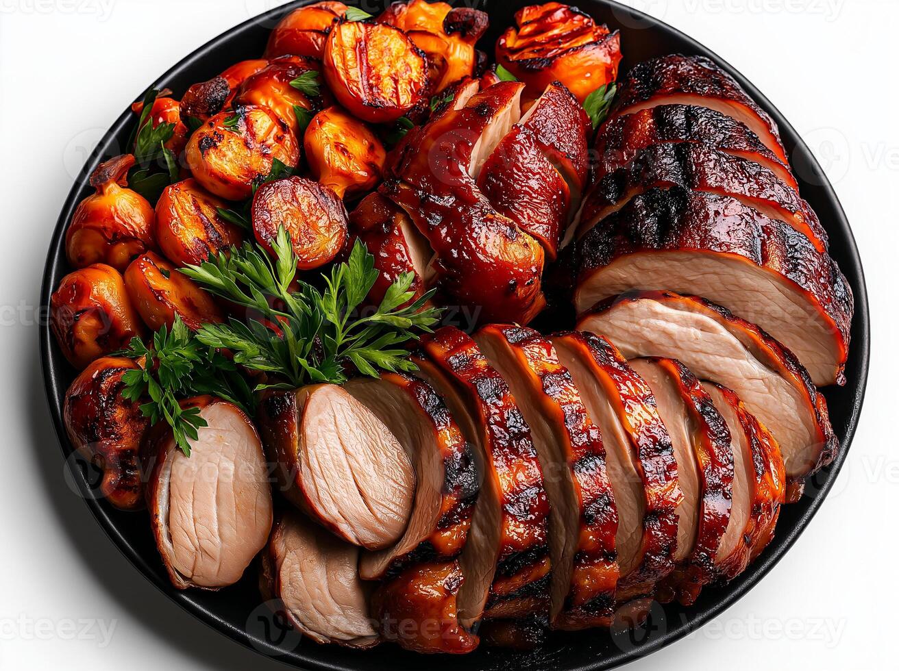 Sliced grilled chicken served on platter with roasted vegetables and herbs, showcasing delicious and appetizing meal. Perfect for gatherings and celebrations photo