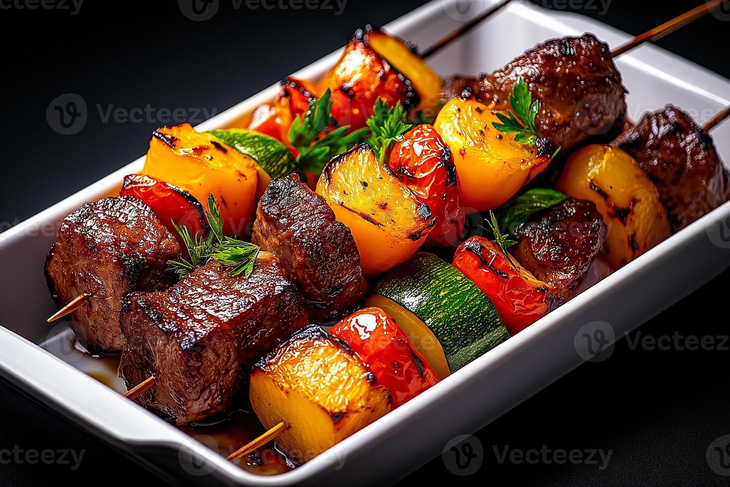Grilled meat and vegetables on skewers, beautifully arranged in dish, showcasing vibrant colors and appetizing textures. Perfect for summer barbecue or gathering photo