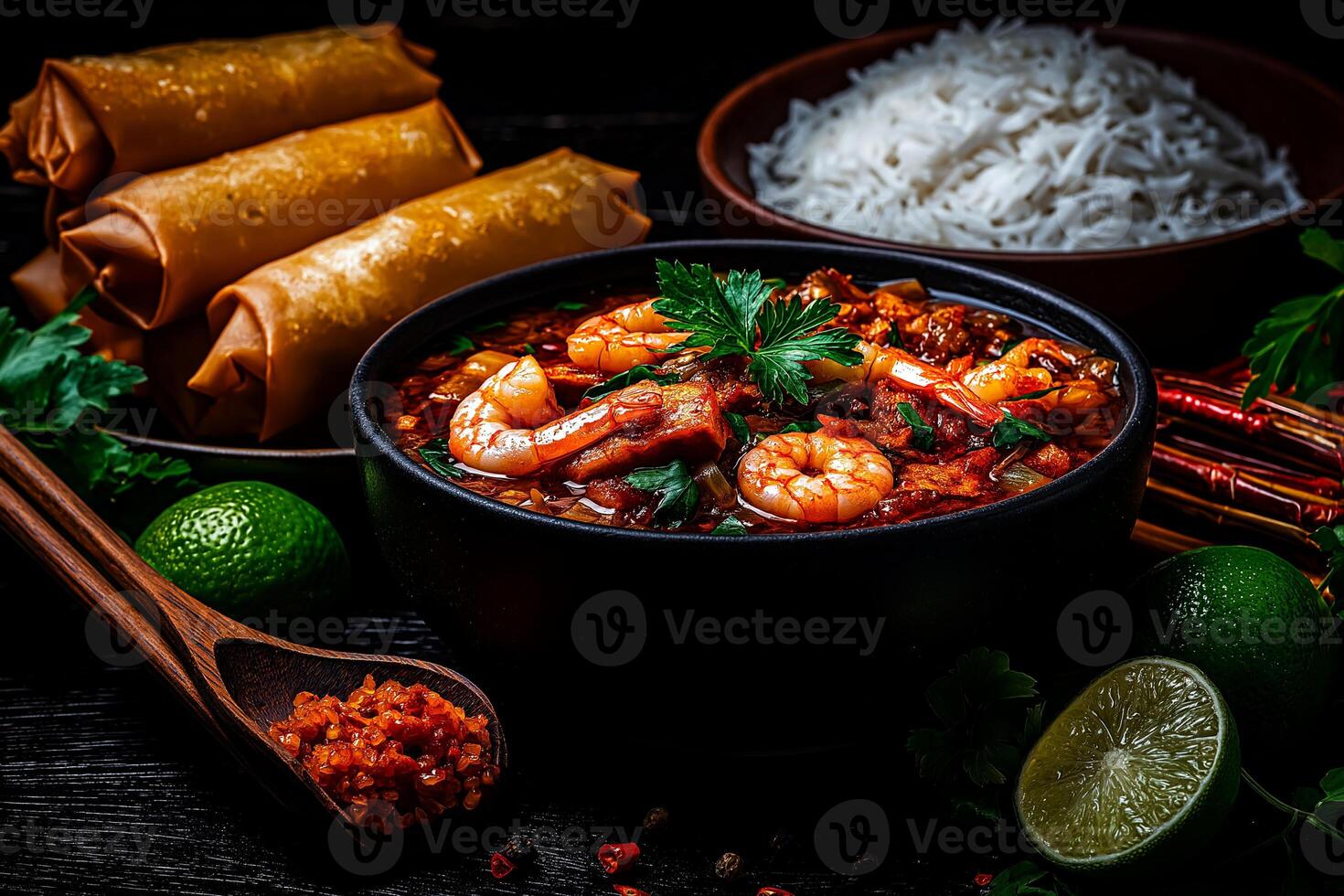 vibrant bowl of Tom Yum soup with shrimp, served alongside rice and spring rolls, garnished with fresh herbs and lime, creating delightful culinary experience photo