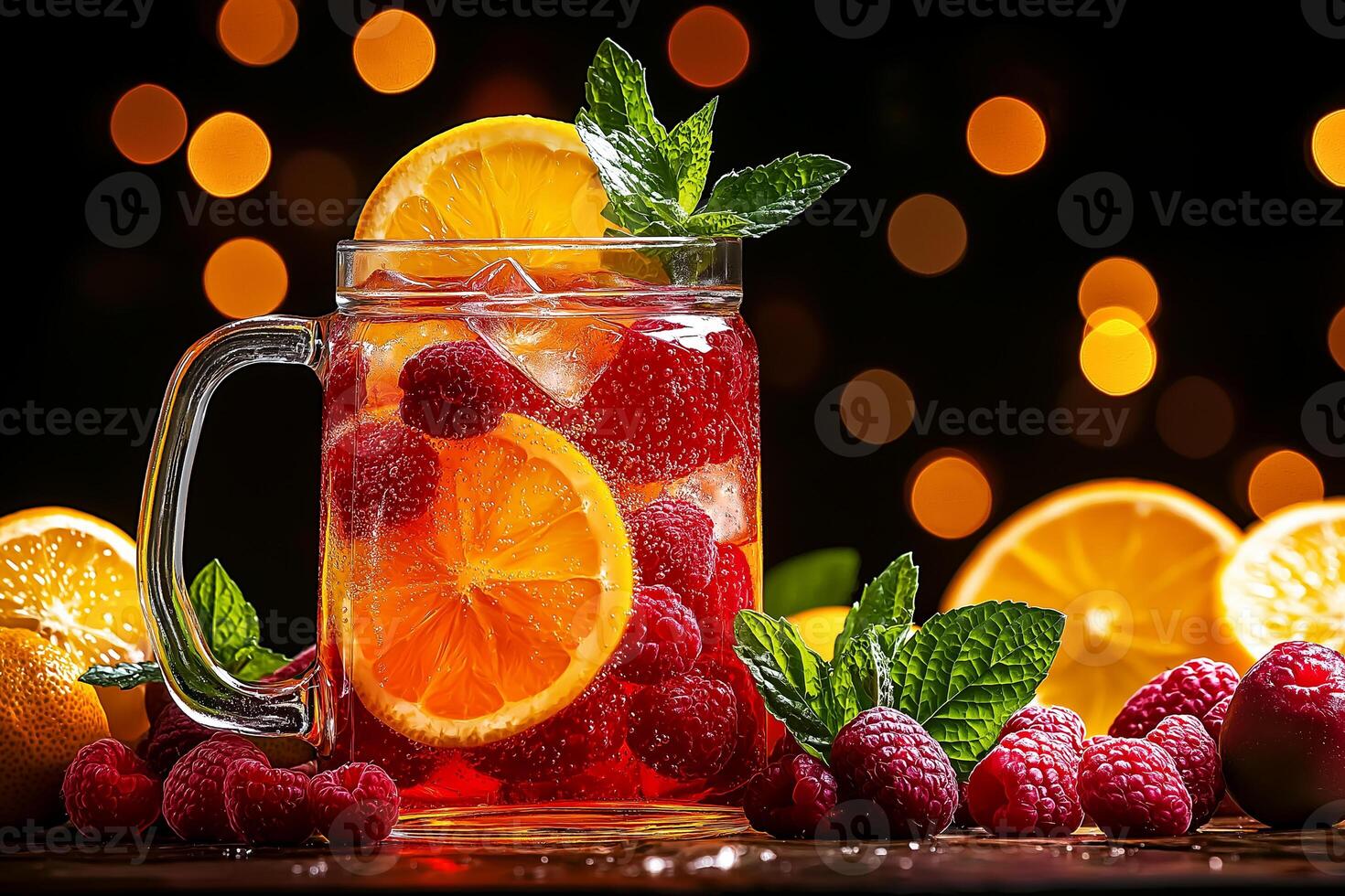Refreshing fruit punch with raspberries, oranges, and mint leaves, served in glass with ice cubes. vibrant colors and bokeh background create festive atmosphere photo