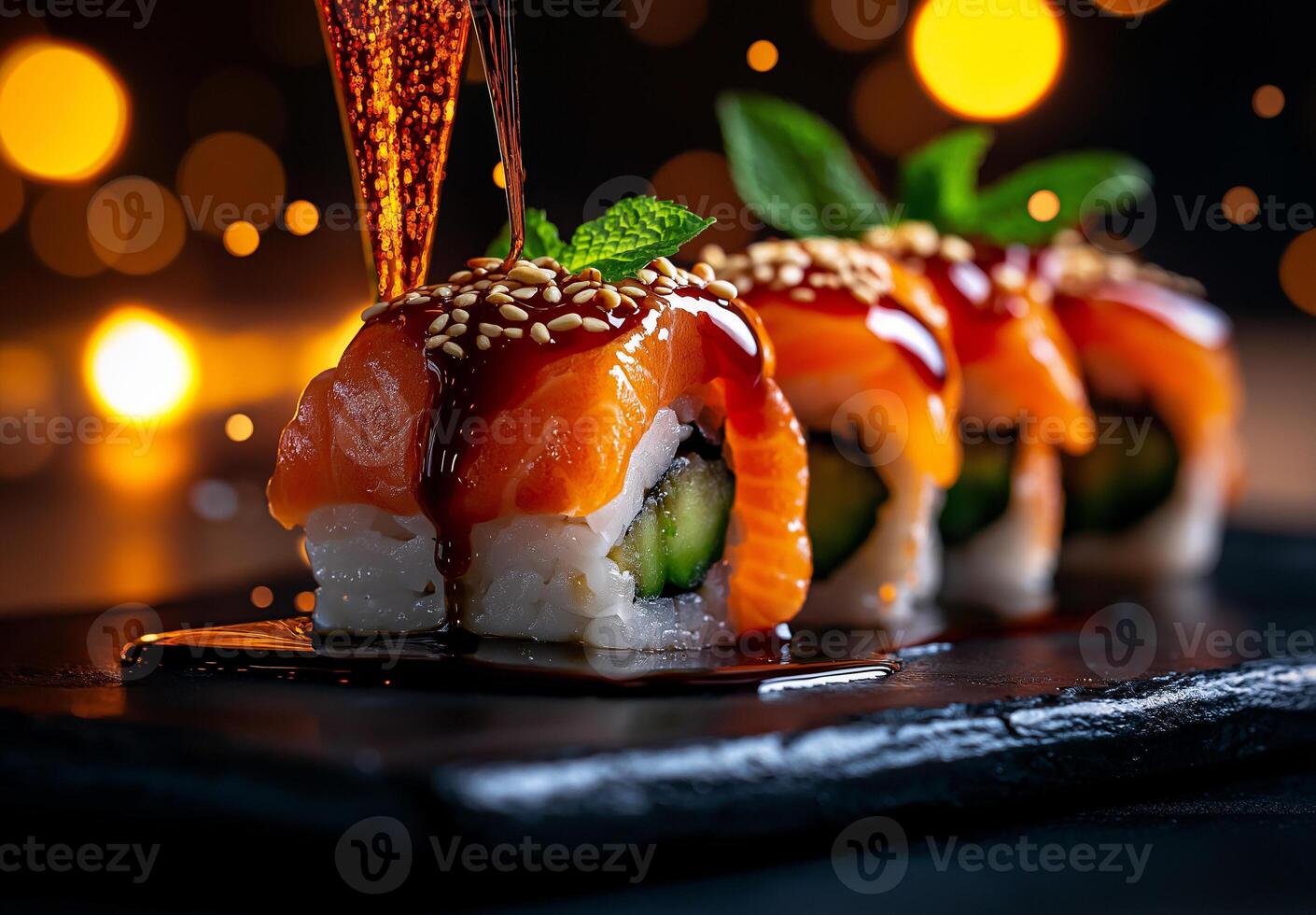 Sushi rolls with salmon, avocado, and cucumber drizzled with sauce, garnished with mint and sesame seeds, create delightful culinary experience photo