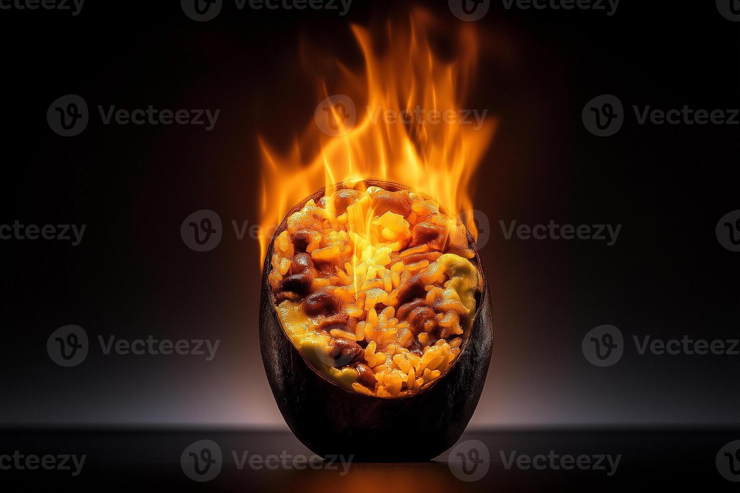 delicious burrito cut in half showcases colorful ingredients and flames, creating visually striking and appetizing scene. vibrant colors and fiery presentation evoke excitement and hunger photo