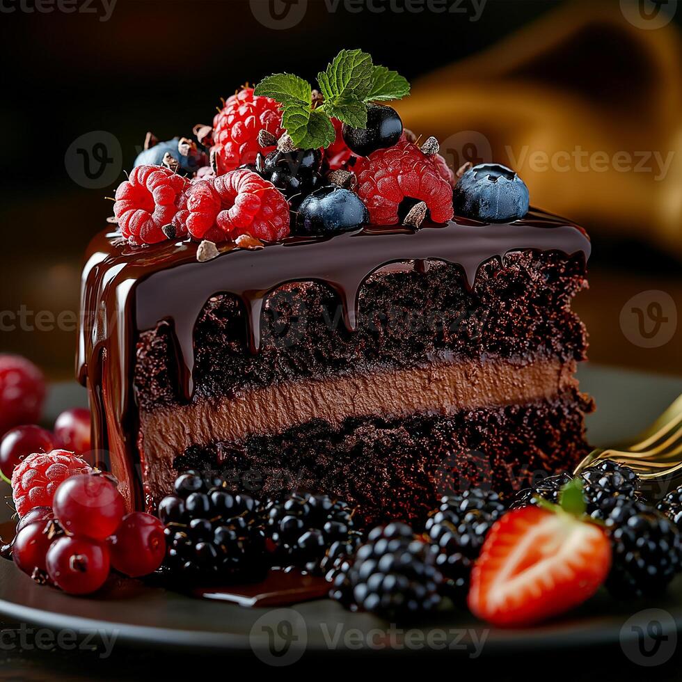 delicious slice of chocolate cake topped with fresh berries, including raspberries, blueberries, and strawberries, drizzled with rich chocolate sauce. This dessert is perfect for any celebration photo