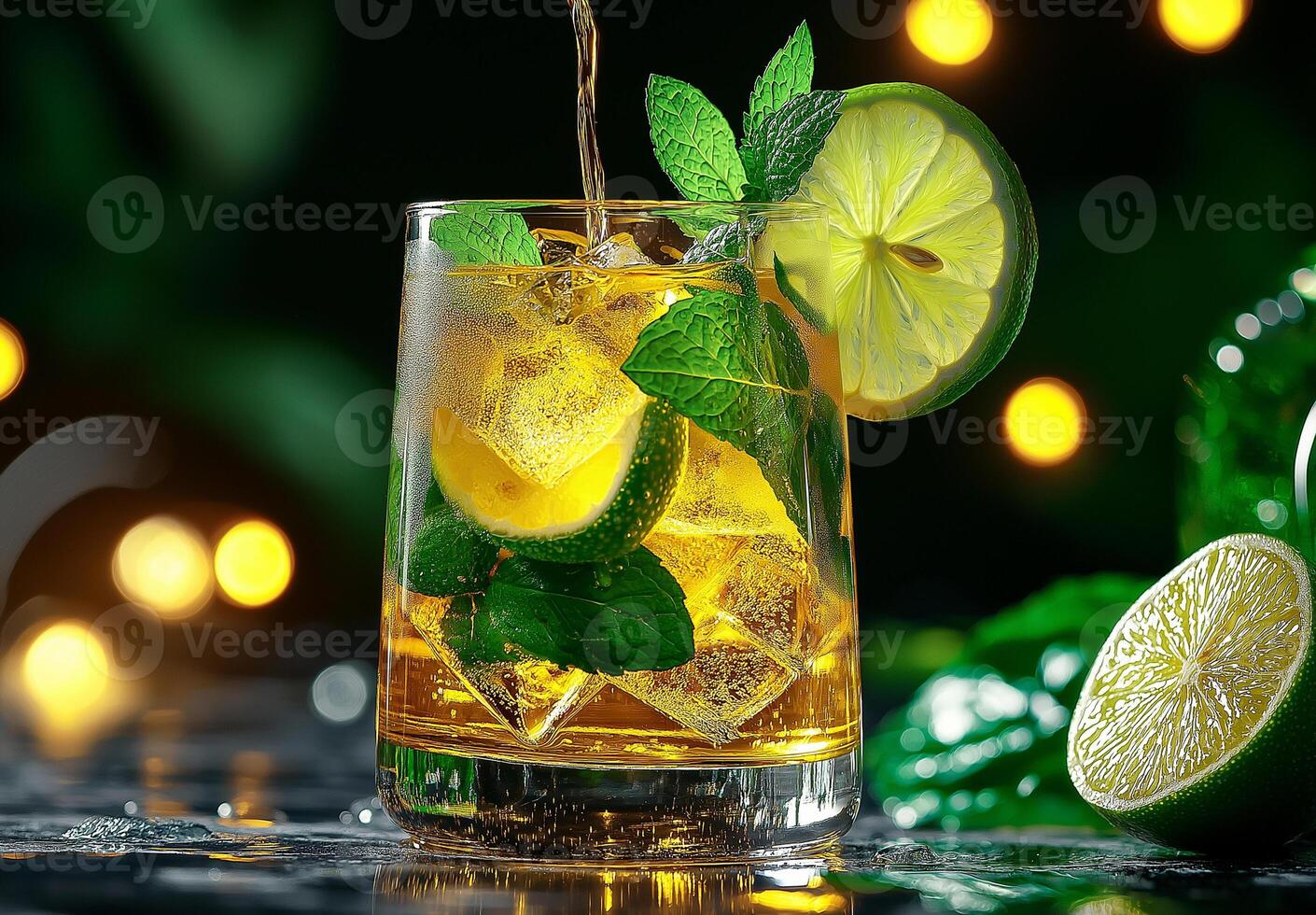 refreshing yellow mojito cocktail garnished with mint leaves and lime slices, served in glass with ice. vibrant colors and bokeh background create lively atmosphere photo