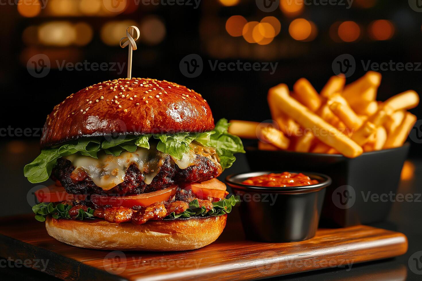 Gourmet burger with lettuce, tomato and cheese served with fries and sauce. This delicious meal is perfect for food lovers seeking satisfying experience photo