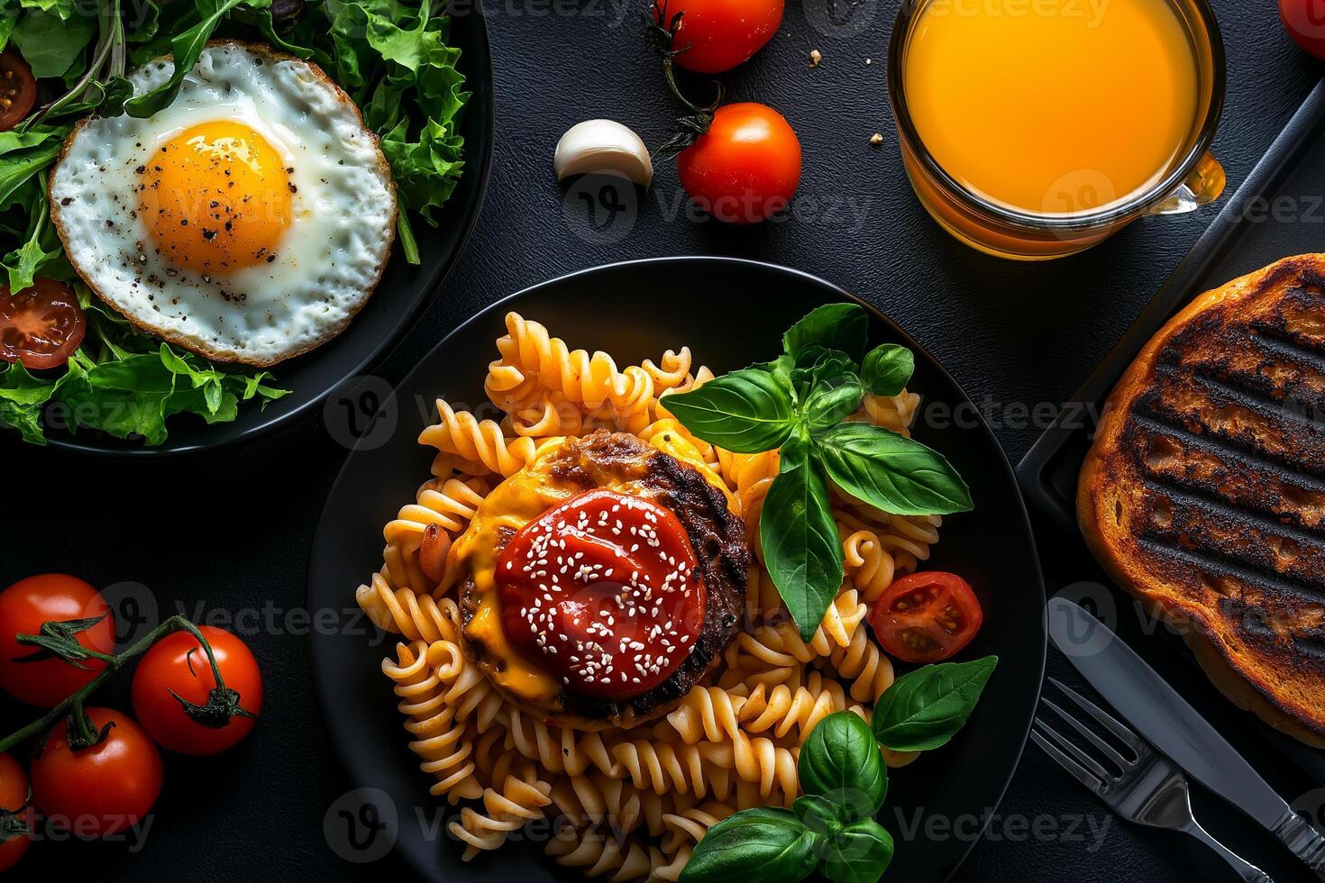 Delicious flat lay of various dishes including pasta, burger, salad, and fresh tomatoes, creating vibrant and appetizing meal presentation photo