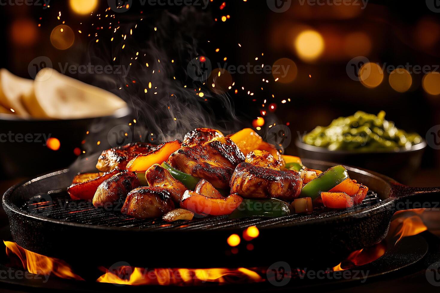 Sizzling chicken fajitas with colorful peppers and onions on grill, surrounded by vibrant flames and smoke, creating warm and inviting atmosphere photo