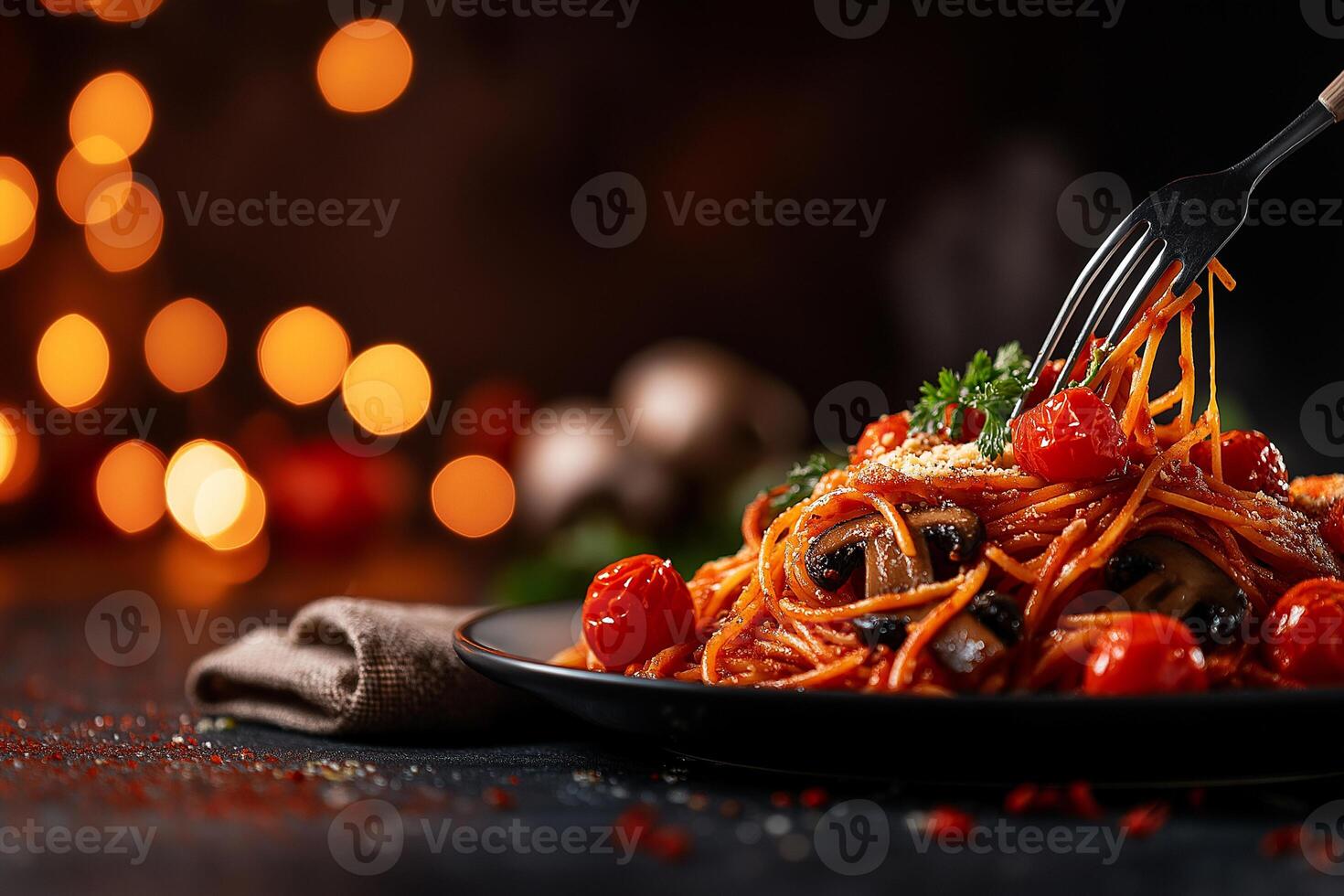 Delicious spaghetti with vegetables and mushrooms, garnished with herbs, served on black plate. warm ambiance creates cozy dining experience photo