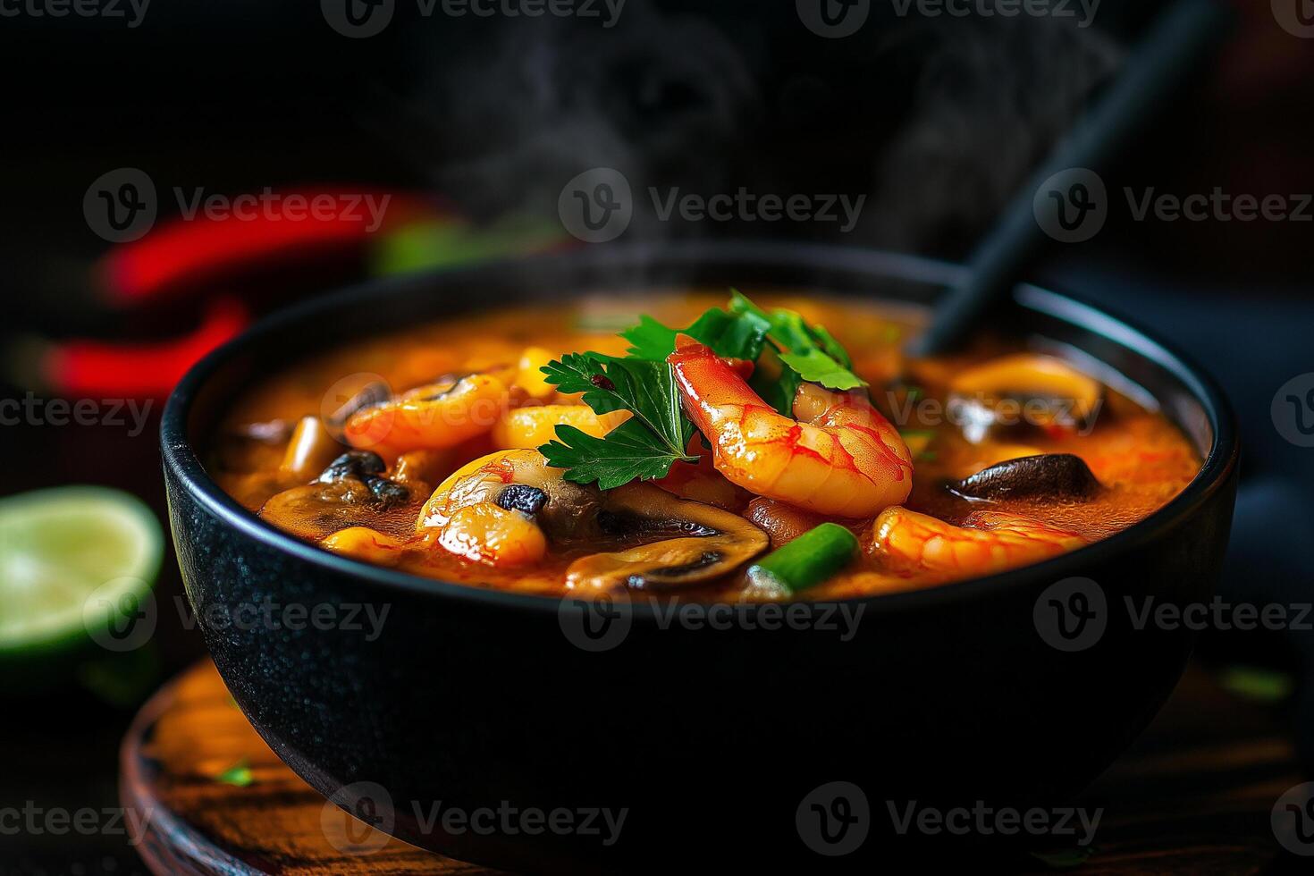 steaming bowl of shrimp soup with mushrooms, lime leaves, and herbs, showcasing vibrant colors and rich textures. Perfect for comforting meal photo