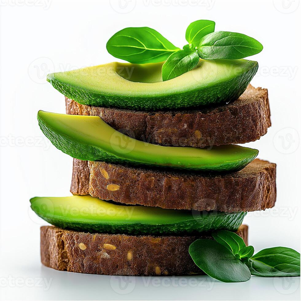 stack of whole grain bread slices topped with fresh avocado and basil leaves, creating healthy and vibrant dish. Perfect for nutritious meal or snack photo