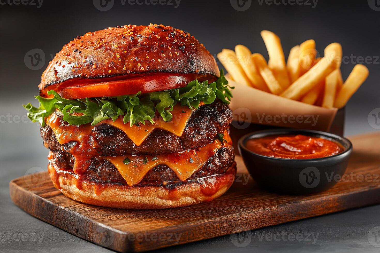 Juicy burger with layers of cheese, lettuce, and tomato, served with fries and sauce. delicious meal that satisfies cravings and brings joy photo