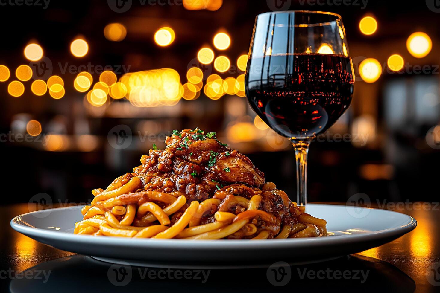 Delicious pasta with chicken Bolognese served on plate, paired with glass of red wine, creating warm and inviting dining atmosphere photo