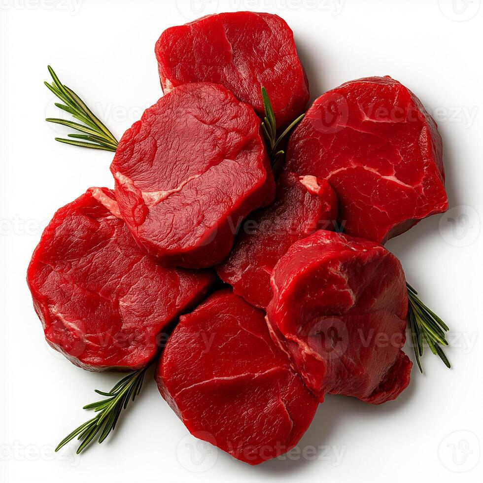 Fresh raw beef steaks arranged with rosemary on white background, showcasing vibrant red color and rich texture. Perfect for culinary presentations and recipes photo