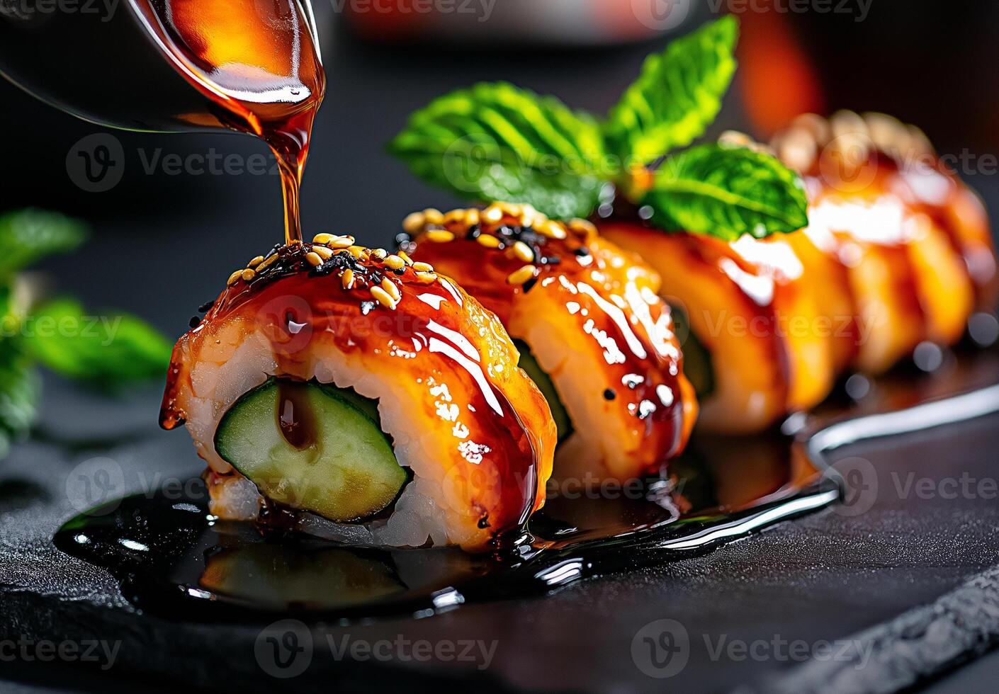 Delicious sushi rolls with salmon, avocado, and cucumber drizzled with sauce, garnished with mint leaves, and sesame seeds on dark slate plate photo