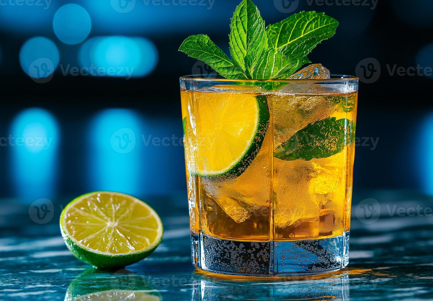 Refreshing yellow cocktail with lime and mint leaves, served over ice, perfect for summer gatherings. vibrant colors and cool ambiance create delightful atmosphere photo