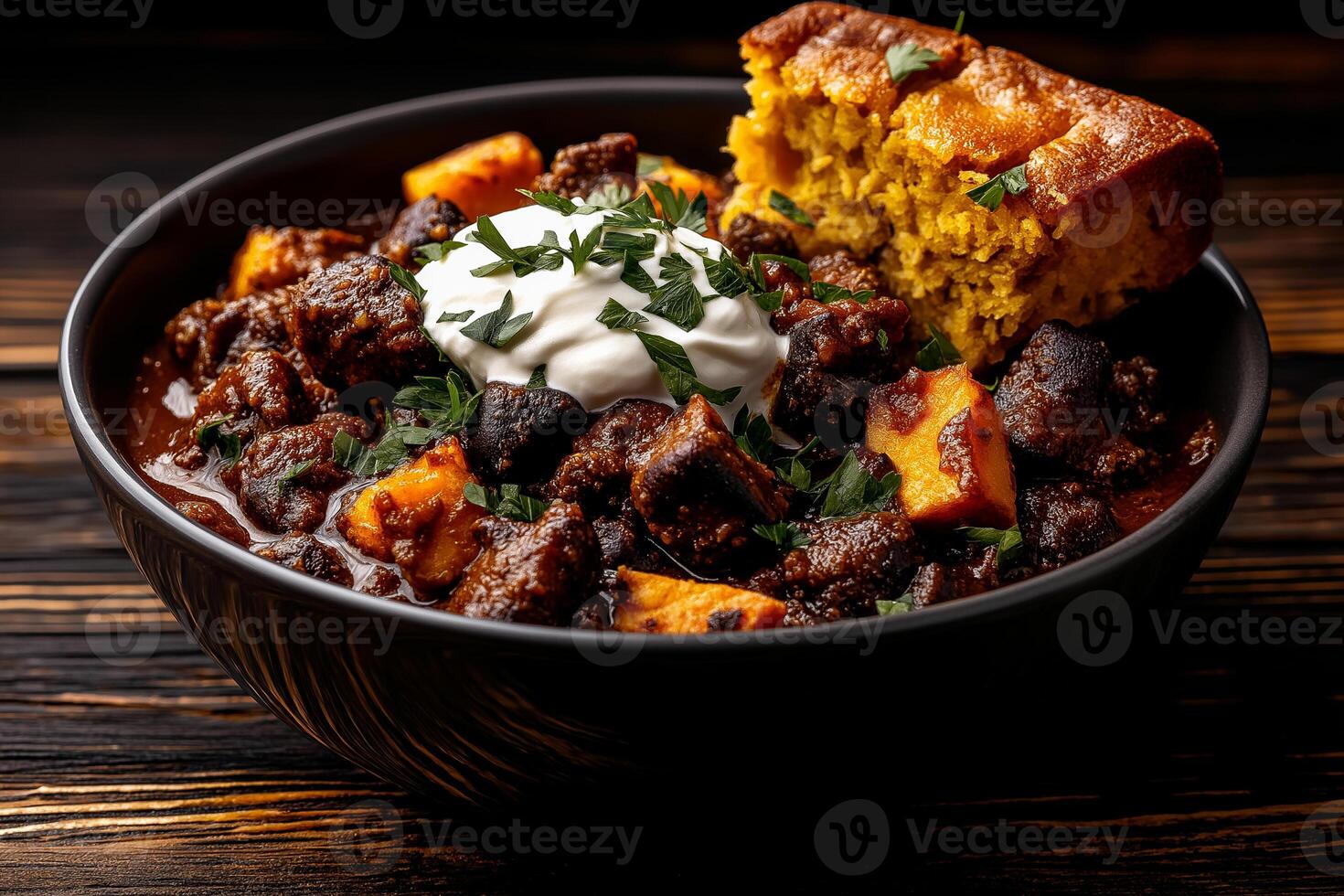 Delicious chili with cheddar cheese and sour cream, served with sweet potato and cornbread, garnished with fresh herbs. comforting and hearty meal perfect for any occasion photo