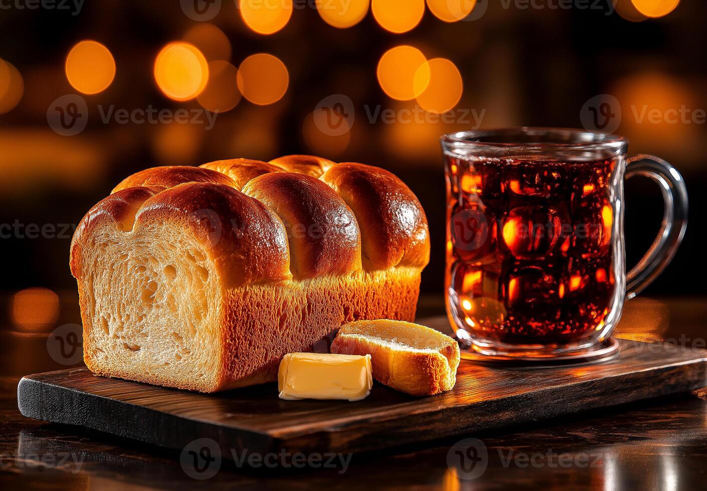 Freshly baked loaf of bread with butter and glass of soda, creating warm and inviting atmosphere photo