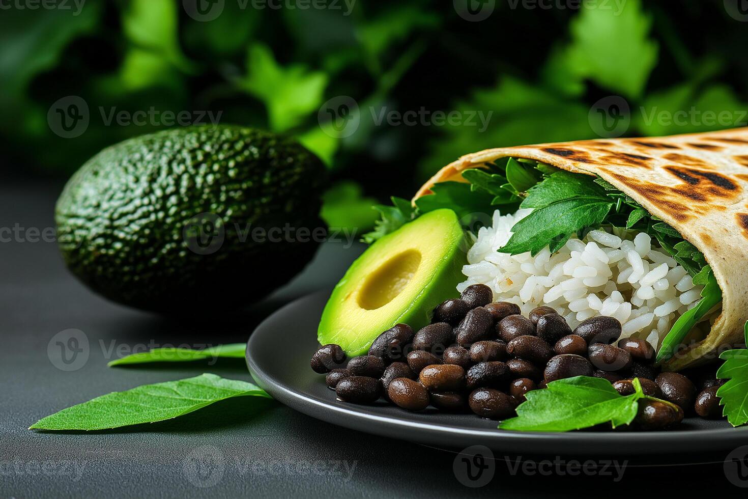 delicious wrap filled with black beans, rice, and fresh avocado, surrounded by vibrant greens. This healthy meal showcases blend of flavors and textures, perfect for nutritious diet photo