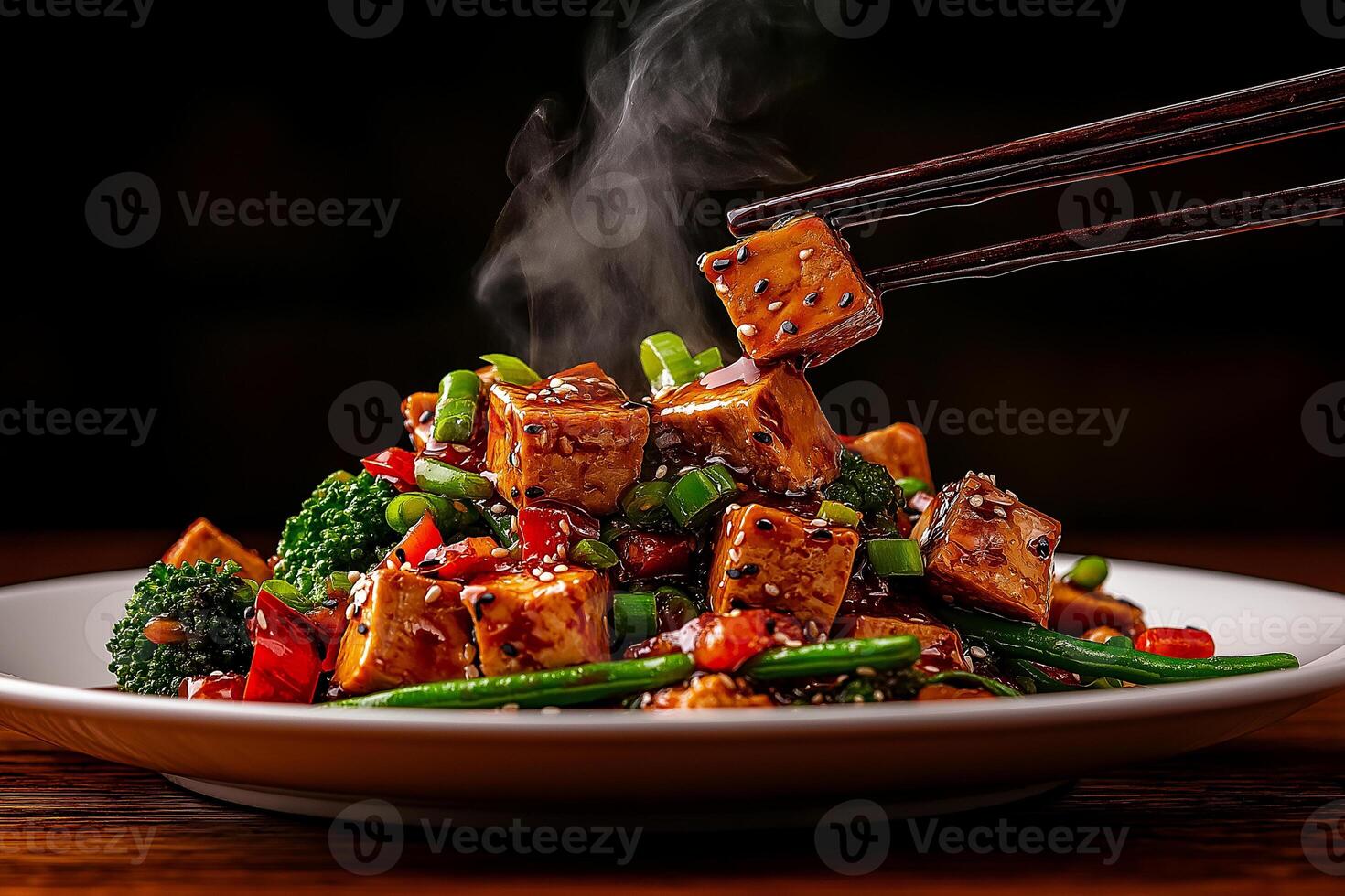Tofu and vegetables in hot oil sauce, garnished with sesame seeds, served on white plate. dish is steaming, showcasing vibrant colors and textures photo