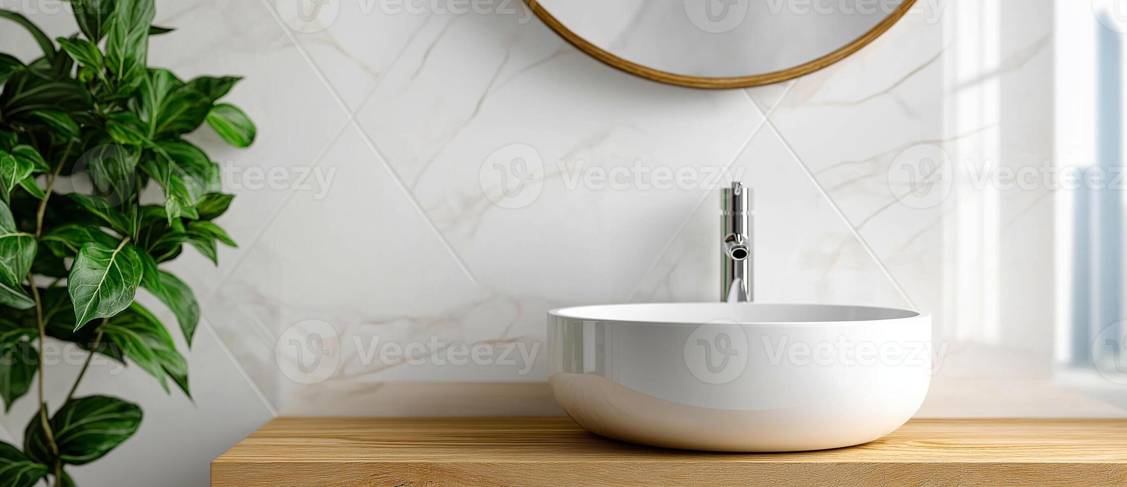 Modern minimalist bathroom featuring round sink, wooden countertop, and lush greenery. elegant design creates serene atmosphere, perfect for relaxation photo
