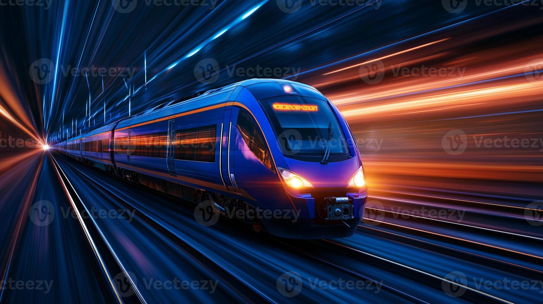 high speed train in blue colors is moving rapidly through tunnel, showcasing dynamic motion and modern design. vibrant lights create energetic atmosphere photo