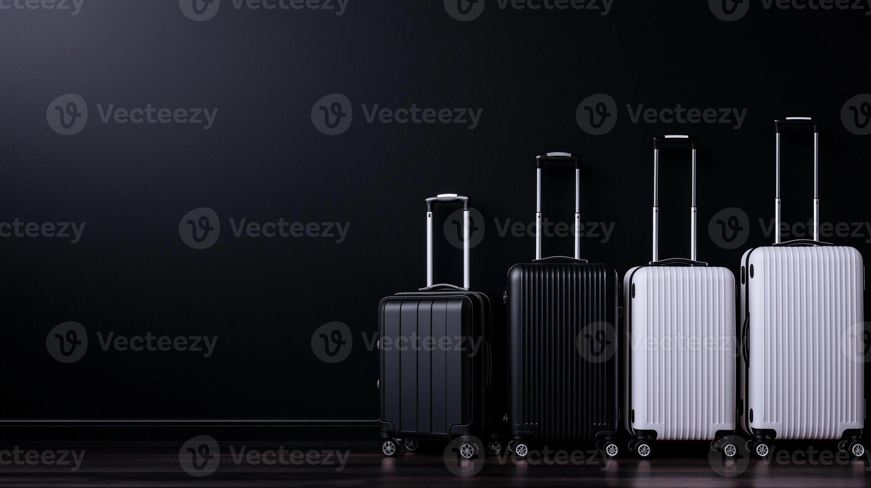 Stylish black and white travel suitcases lined up against dark background, showcasing modern design and functionality. Perfect for travel enthusiasts photo