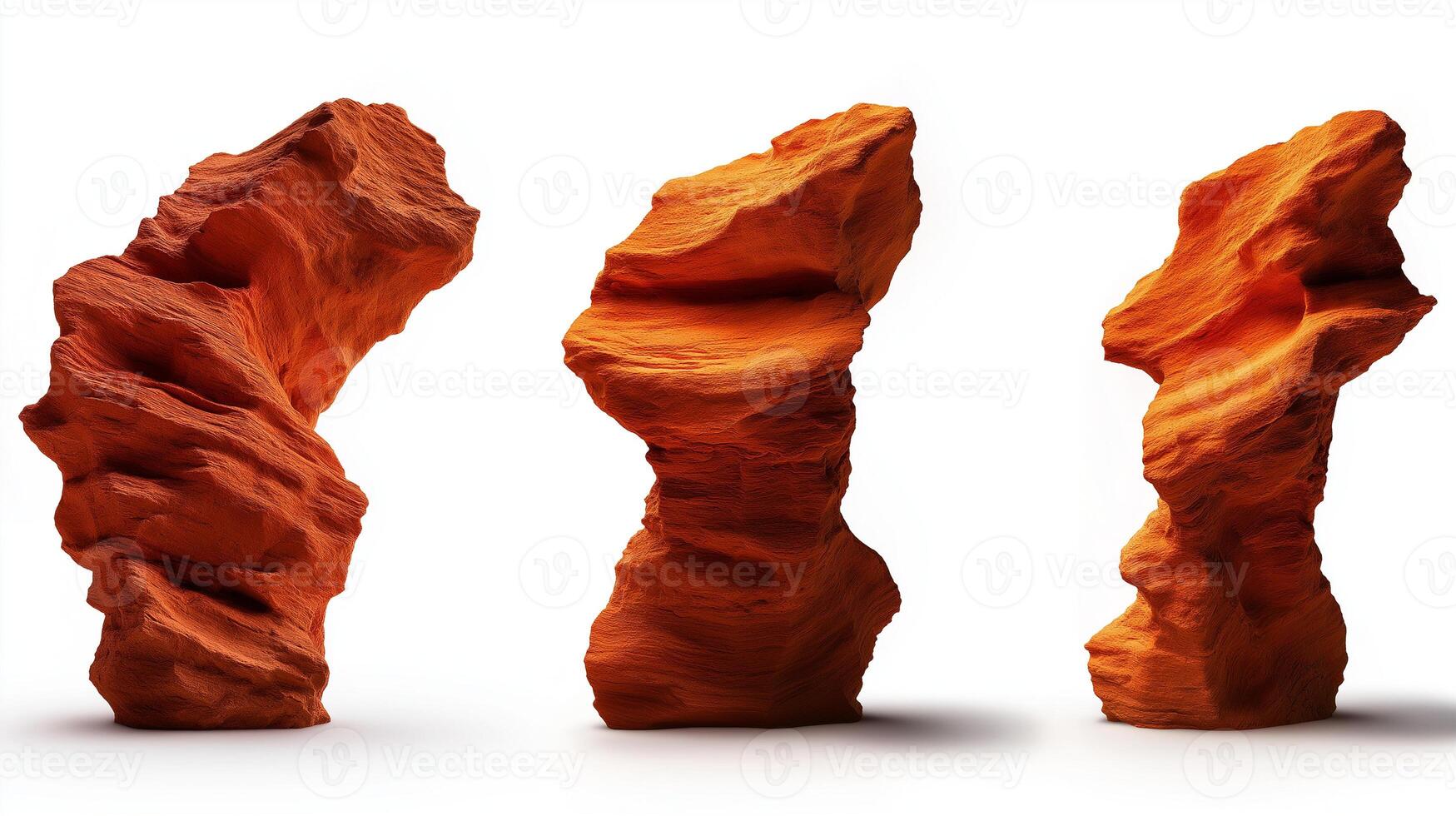 Surreal rock formations with unique textures and shapes, showcasing vibrant orange hues against white background. These natural sculptures evoke sense of wonder and creativity photo