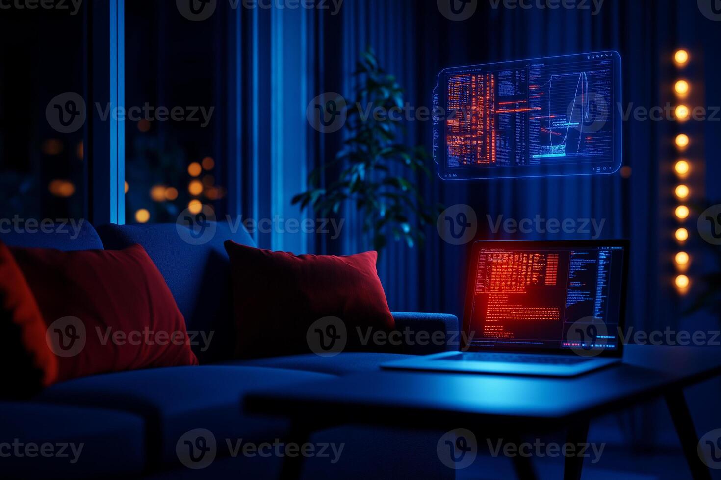 modern living room at night featuring laptop displaying code and holographic data. ambiance is enhanced by blue lighting and cozy sofa with red cushions, creating tech savvy atmosphere photo