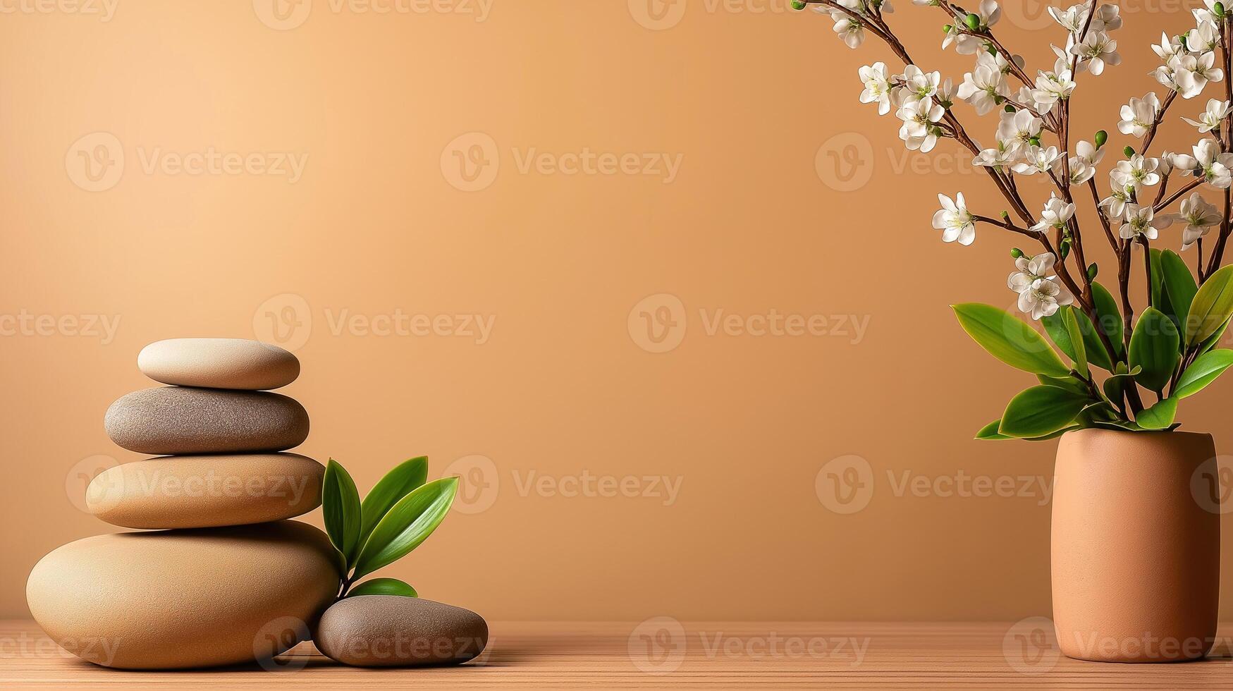 Serene still life featuring stacked stones and vase with flowers against beige background, evoking tranquility and balance photo