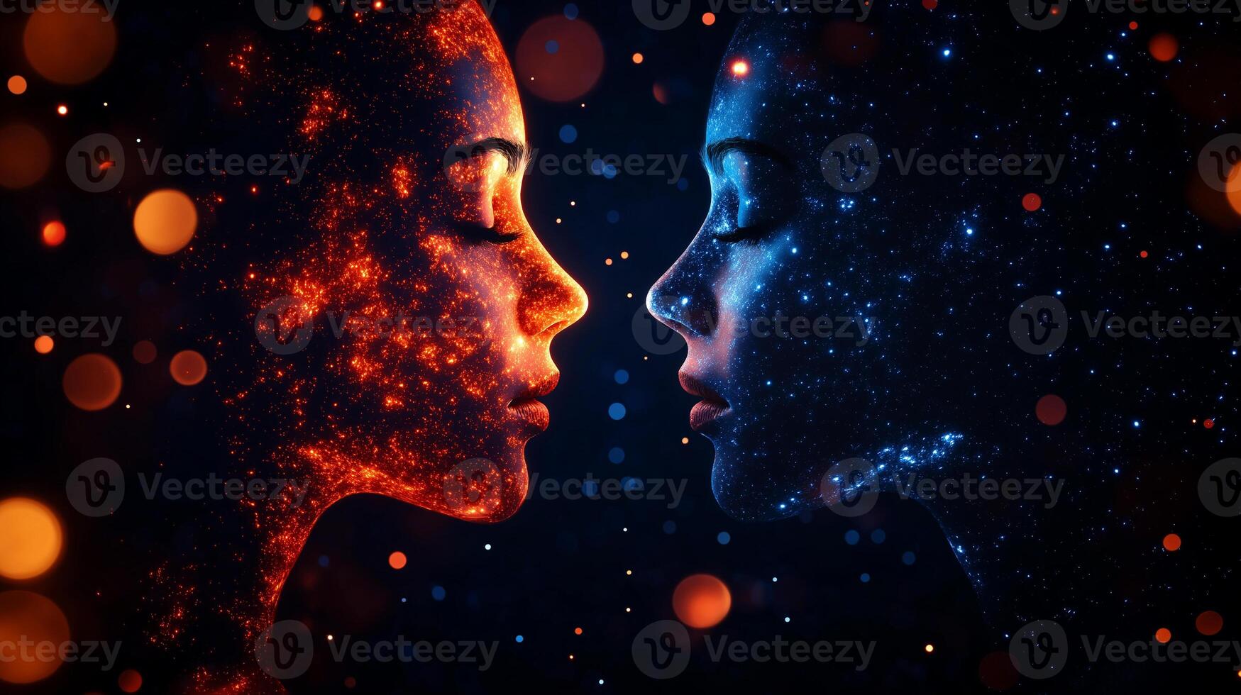 Cosmic faces of two women, one glowing with fiery orange and other with cool blue, symbolize balance of elements in universe. Their serene expressions evoke sense of harmony photo