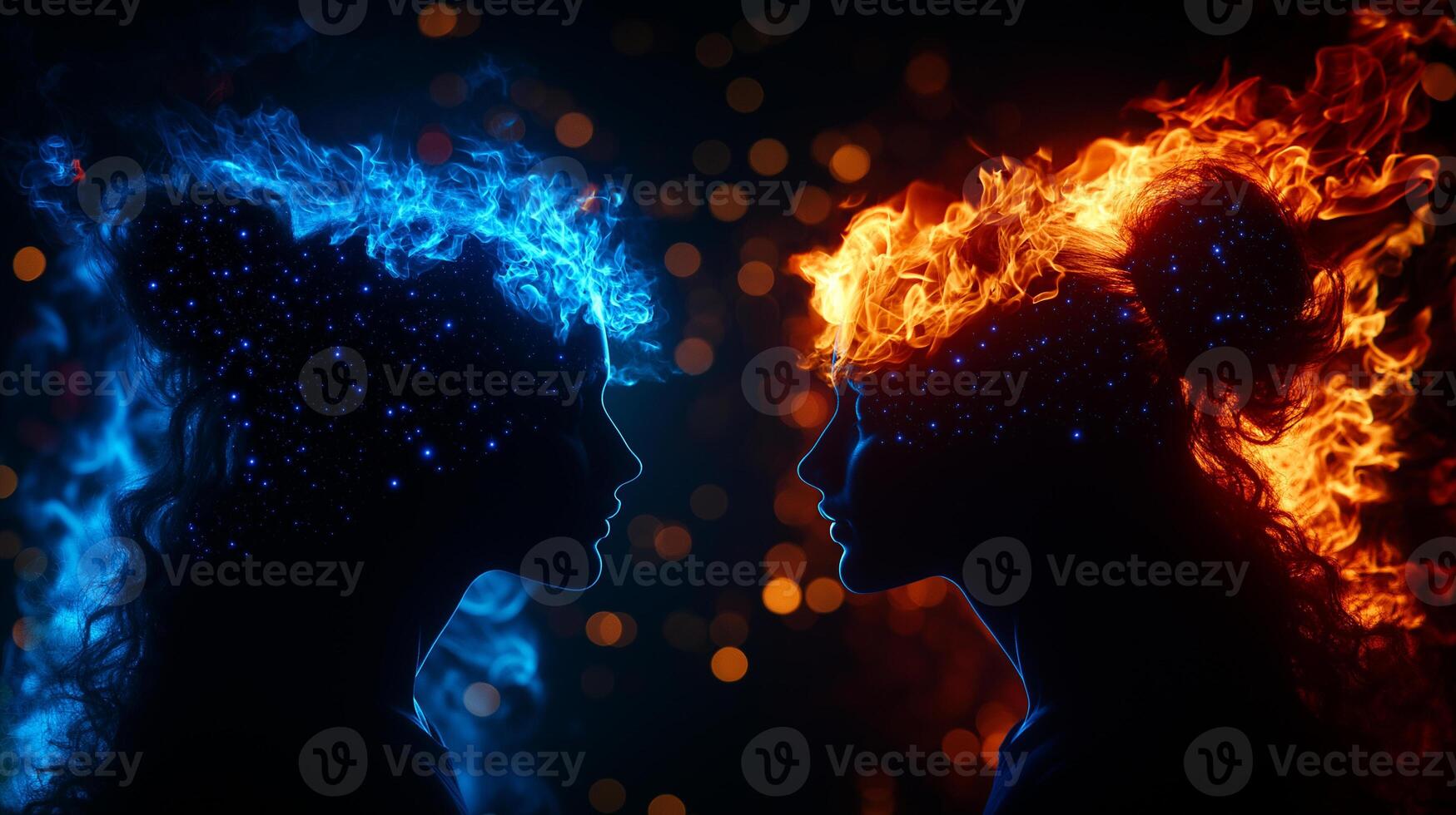 Two women face each other, one with blue flames and other with orange flames, creating striking contrast against dark, starry background, evoking sense of cosmic energy photo