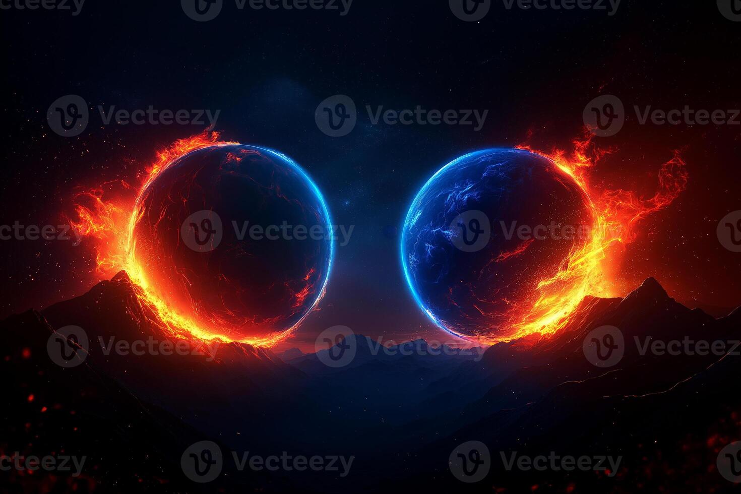 Two vibrant planets, one red with fire and other blue, collide in cosmic scene. fiery atmosphere and mountainous landscape create dramatic and intense visual photo