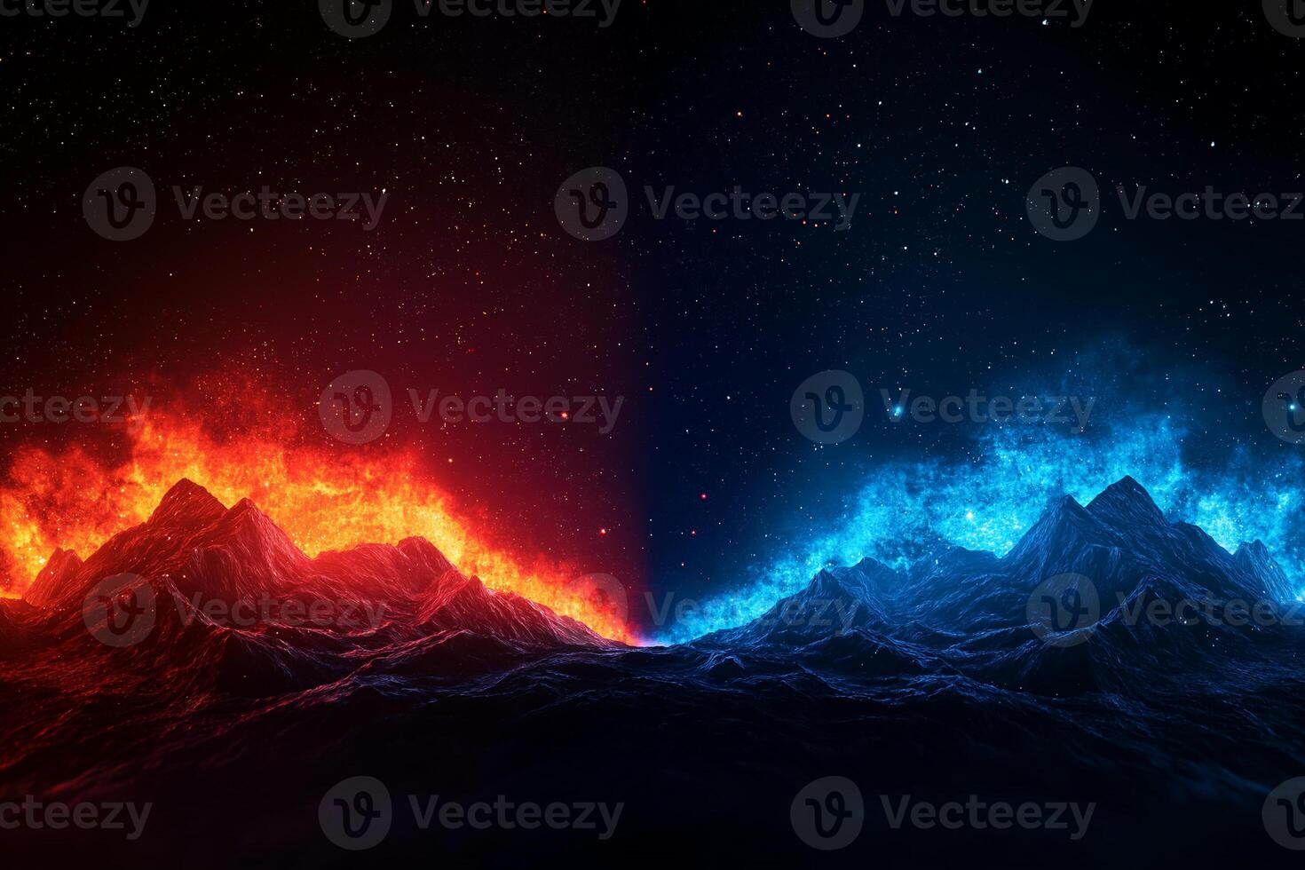 Fiery red and cool blue mountains collide in cosmic scene, showcasing contrast between fire and ice under starry sky. dramatic landscape evokes sense of wonder and tension photo