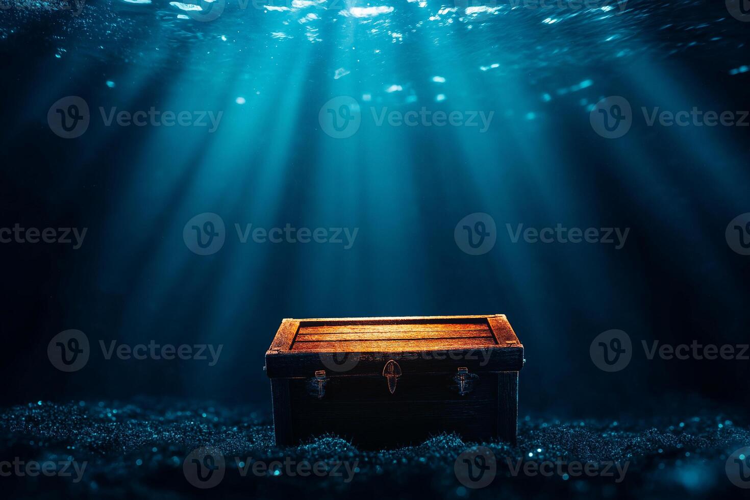 treasure chest rests on ocean floor, illuminated by beams of light filtering through water, creating serene and mysterious underwater scene photo