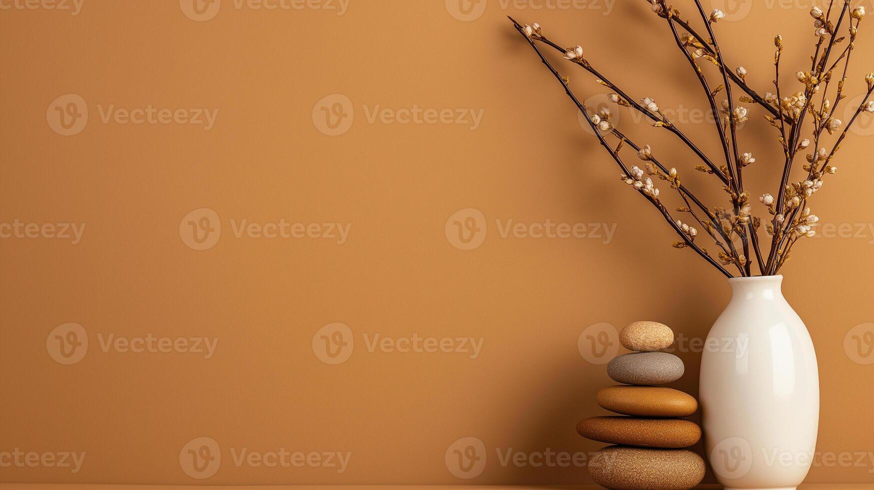 serene still life featuring white vase with branches and stones against beige background, creating calming atmosphere photo