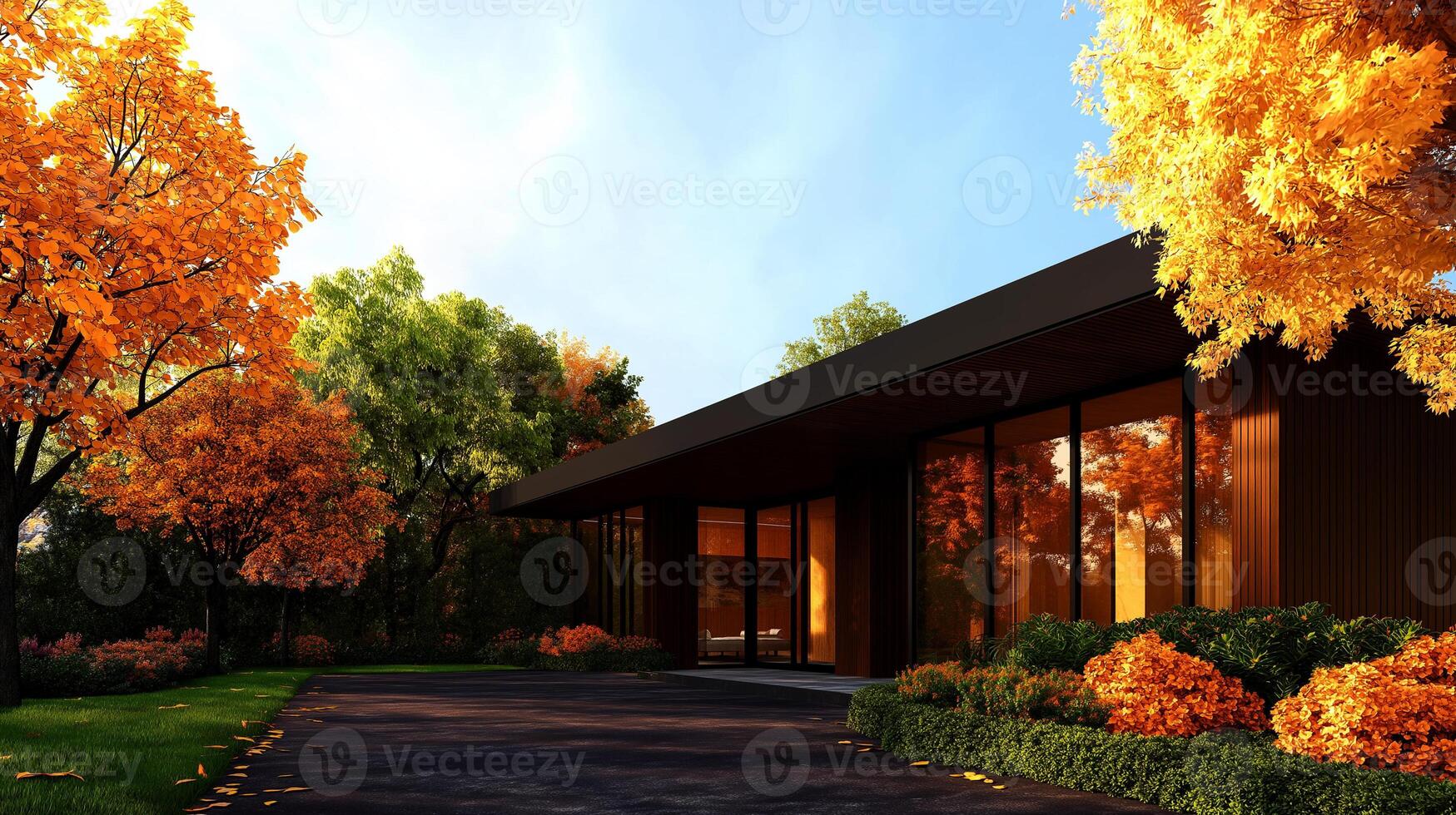Modern house with large glass windows surrounded by autumn foliage. vibrant orange and yellow leaves create warm atmosphere, enhancing contemporary design photo