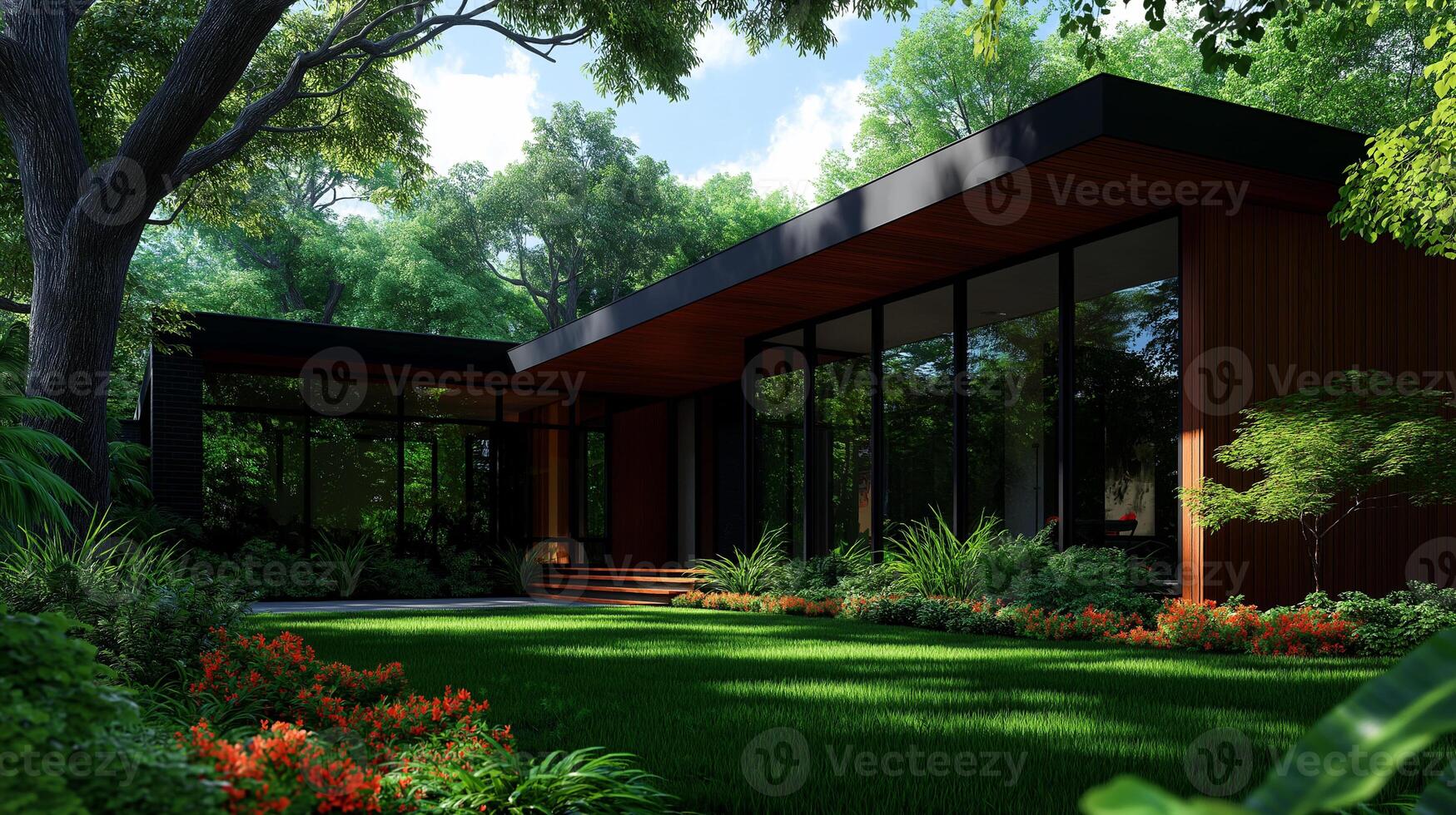 Modern house surrounded by lush greenery and vibrant flowers, featuring large glass windows and sleek design. serene environment enhances beauty of architecture photo
