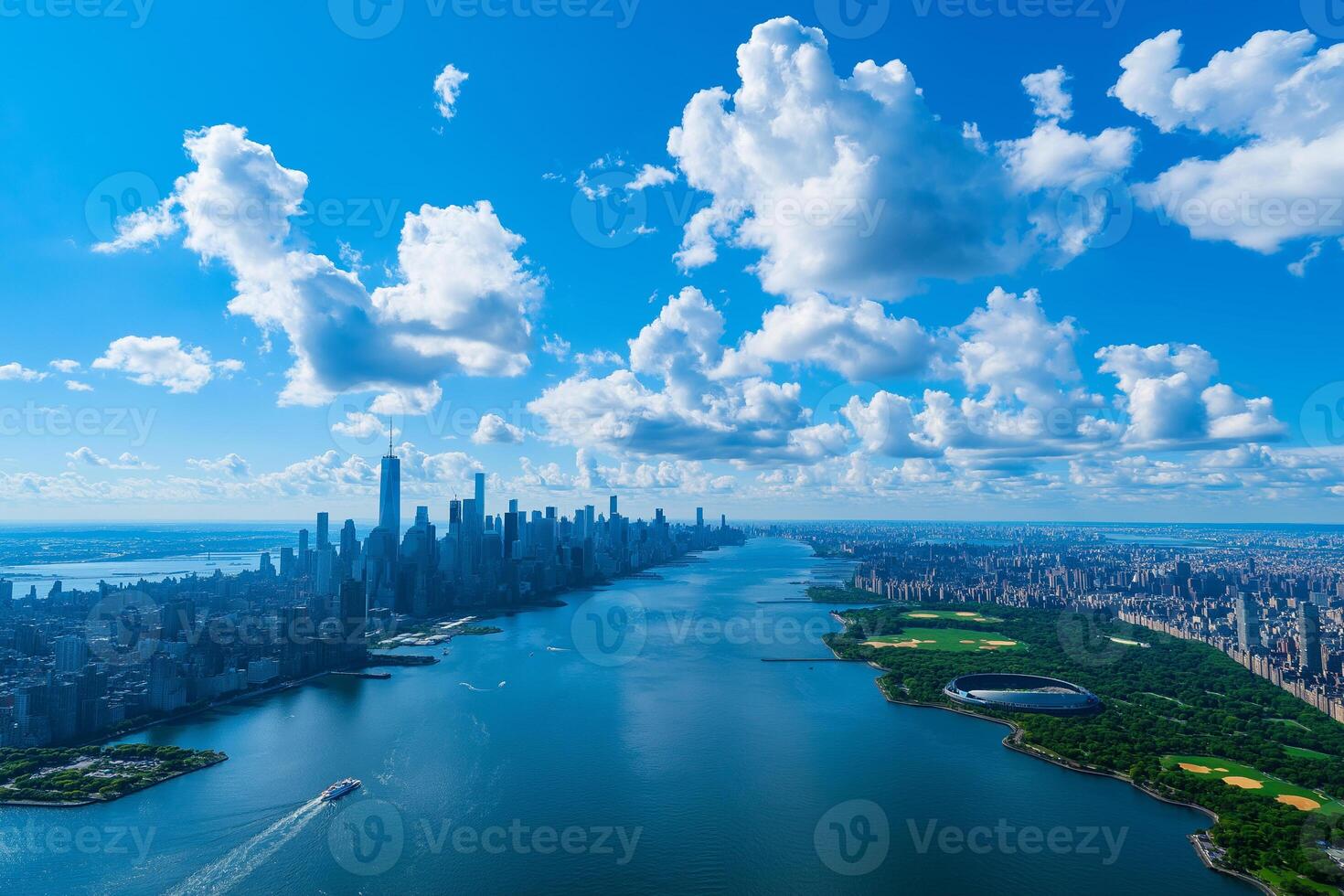 Aerial view of New York City skyline with vibrant clouds and water. scene captures beauty of urban architecture alongside natural landscapes, showcasing iconic city photo