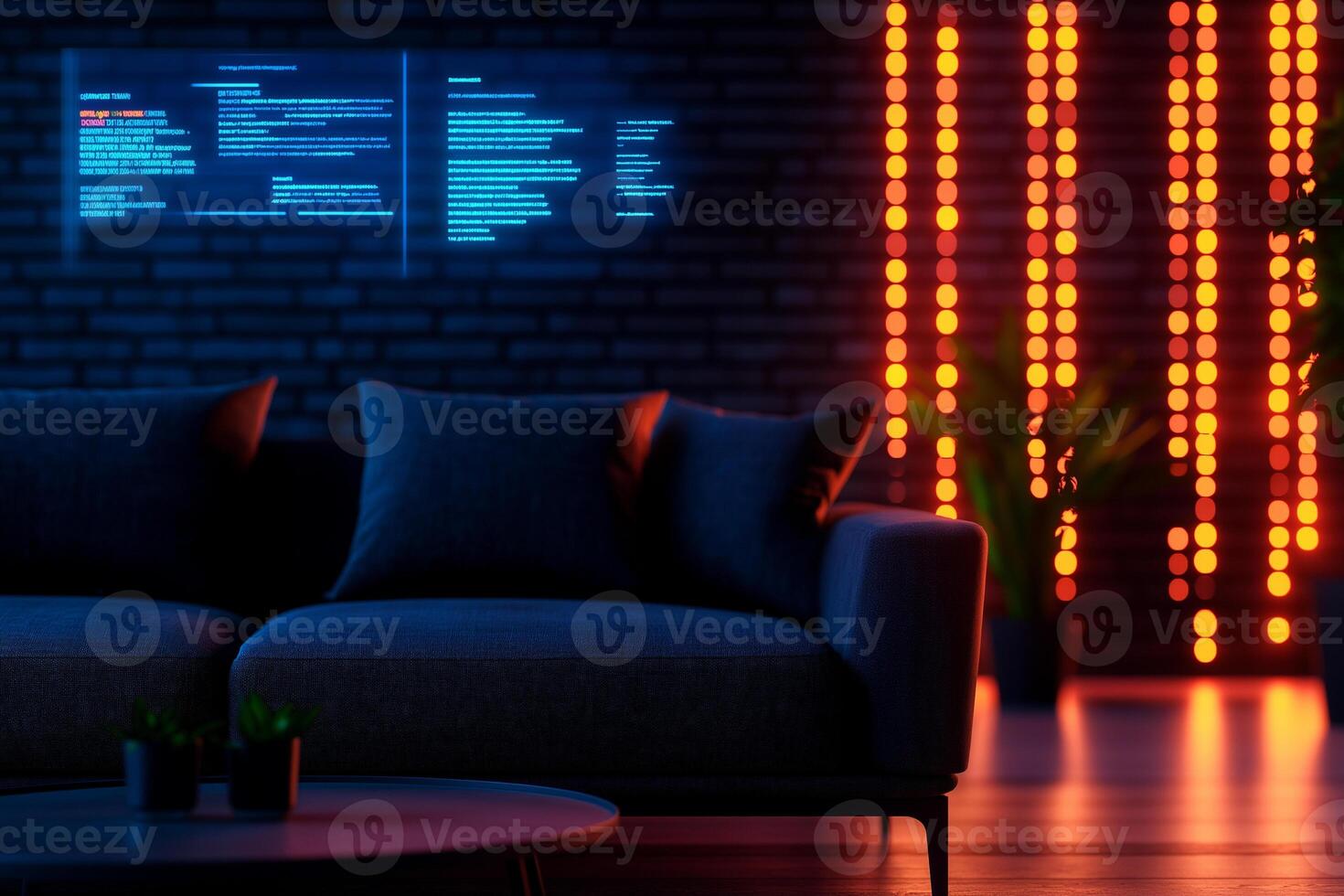 modern smart home interior featuring cozy sofa, illuminated wall, and holographic display. warm lighting creates welcoming atmosphere, perfect for relaxation photo