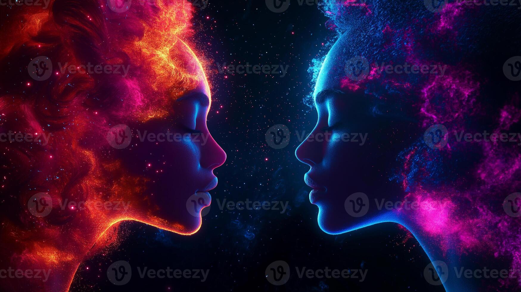 Two ethereal women with vibrant hair colors face each other, their eyes closed, surrounded by cosmic backdrop filled with stars and nebulae, evoking sense of harmony and connection photo