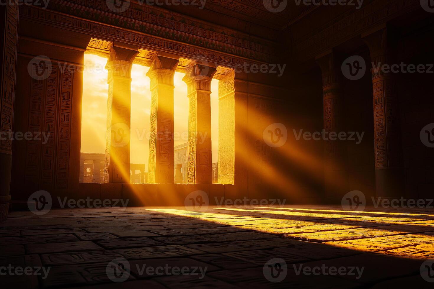 warm sunlight streams through ancient temple columns, illuminating intricate carvings and creating serene atmosphere. interplay of light and shadow enhances historical significance of this sacred photo