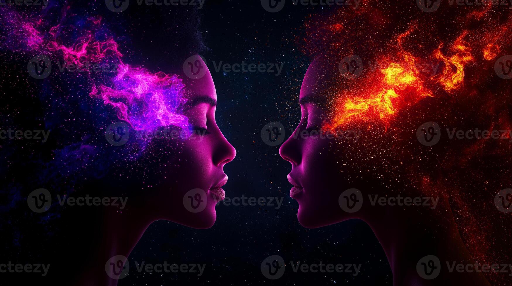 Two women with closed eyes face each other, surrounded by colorful cosmic elements, representing harmony and connection in vibrant universe photo