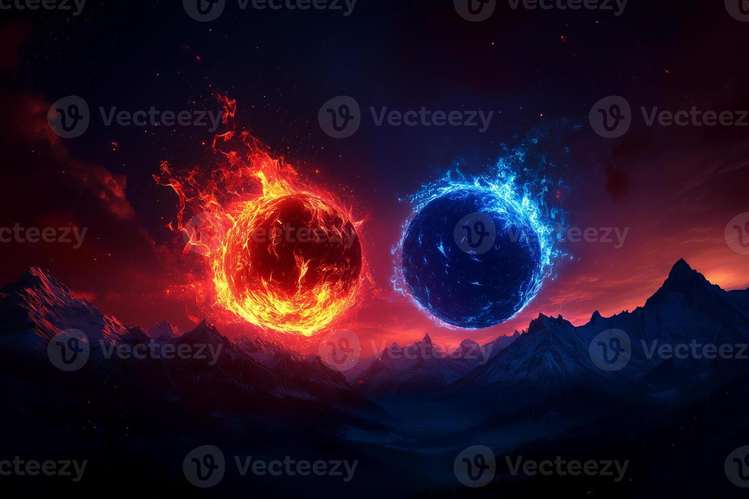 Fiery red and cool blue planets collide in dramatic cosmic scene, surrounded by majestic mountains and starry sky, evoking sense of awe and wonder photo