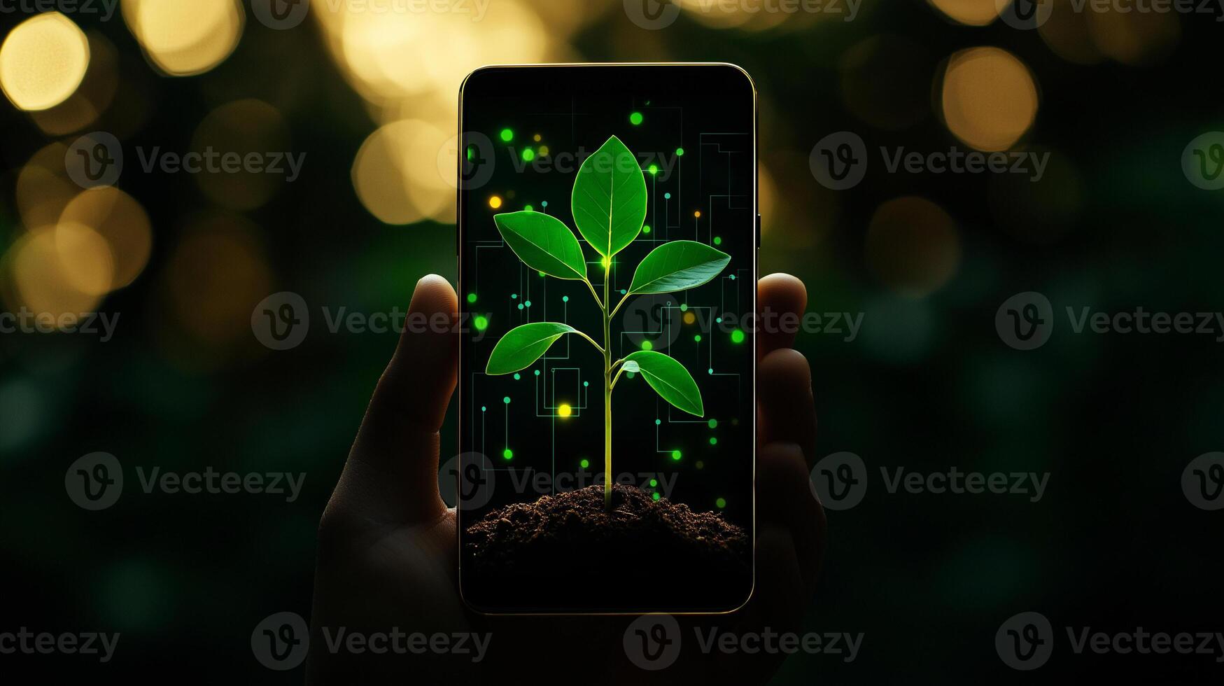 hand holding smartphone displaying digital illustration of seedling growing from soil, surrounded by glowing green elements, symbolizing growth and technology photo