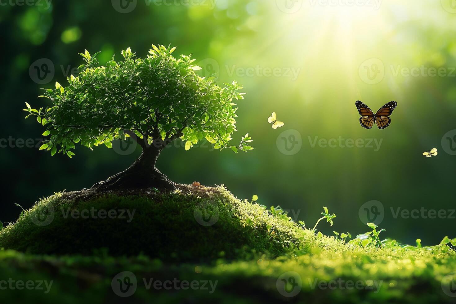 beautiful bonsai tree surrounded by lush greenery and butterflies, illuminated by soft sunlight, creating serene and enchanting atmosphere photo
