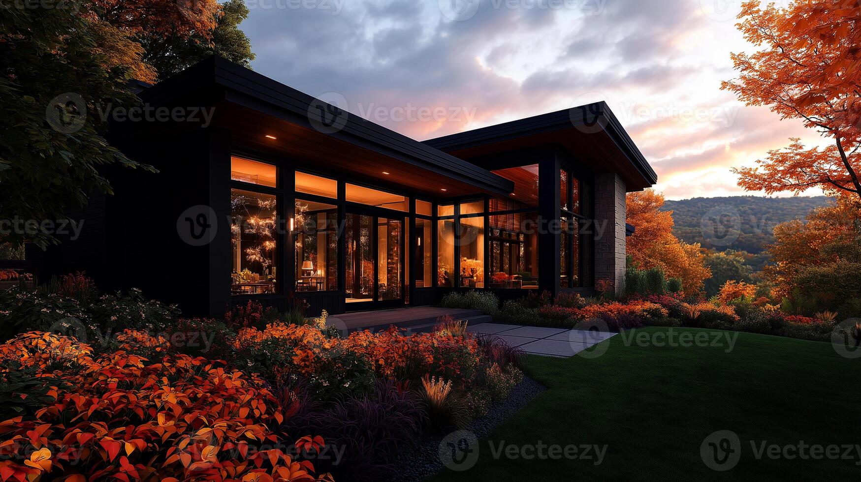 Modern house exterior surrounded by vibrant autumn foliage at sunset, showcasing blend of architecture and nature beauty. warm glow from windows creates cozy atmosphere photo