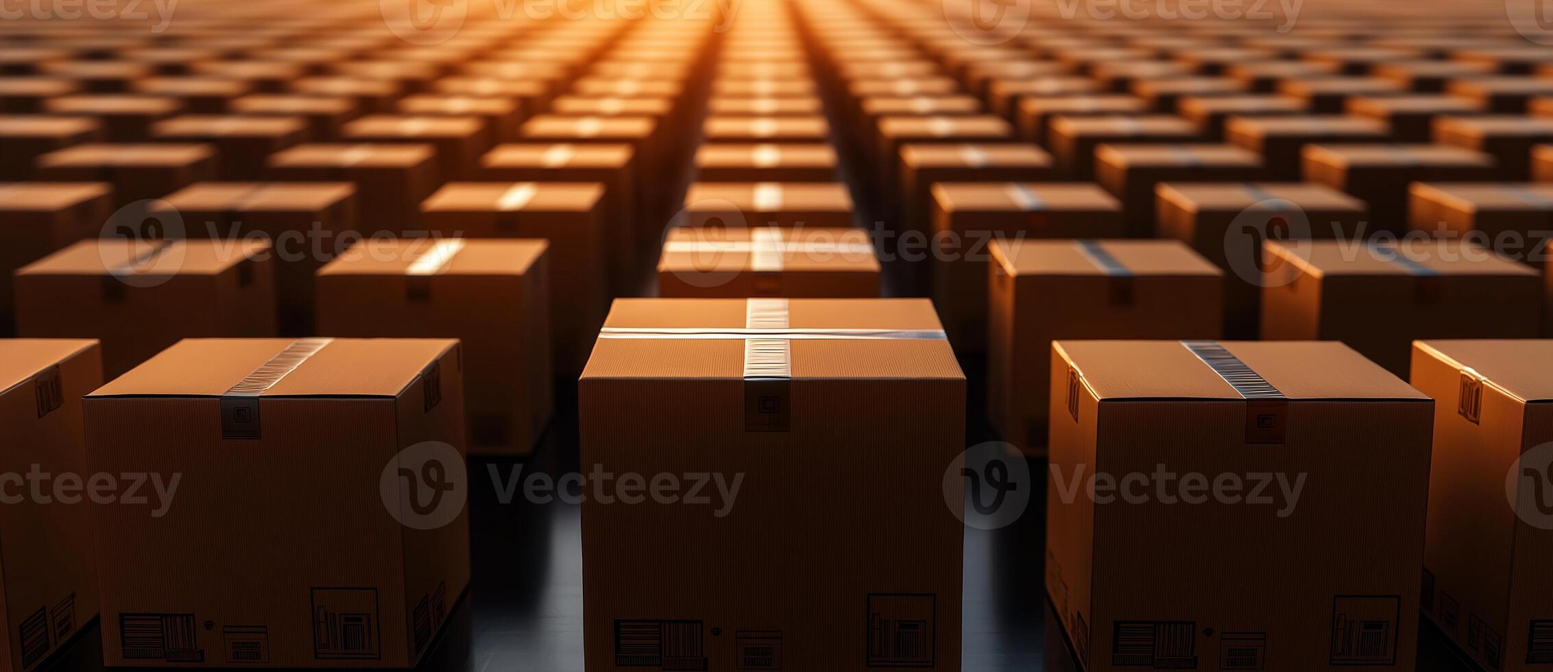 vast array of cardboard boxes arranged in grid, illuminated by warm sunlight, creating sense of depth and order photo