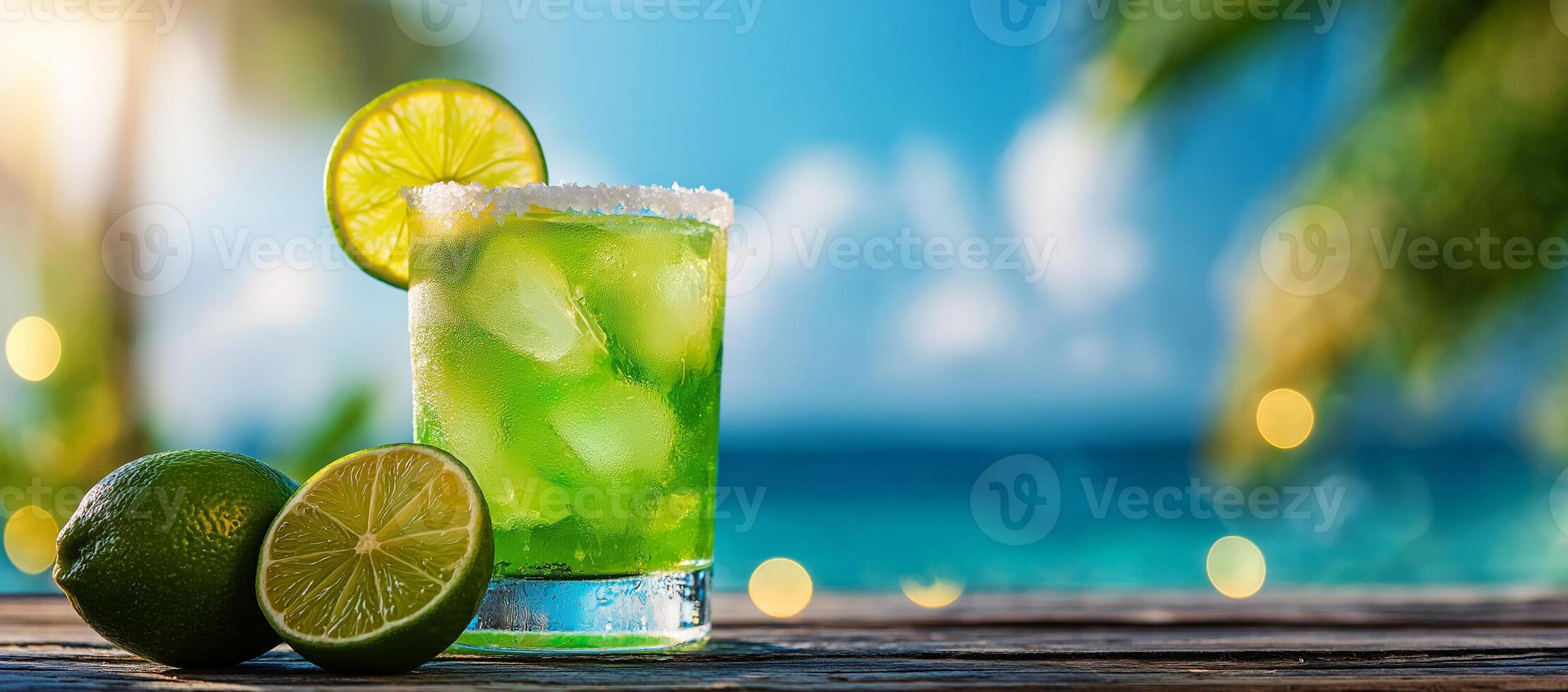 Refreshing cocktail with lime and salt, set against tropical beach backdrop. vibrant green drink is garnished with lime slice, evoking sense of relaxation and summer vibes photo
