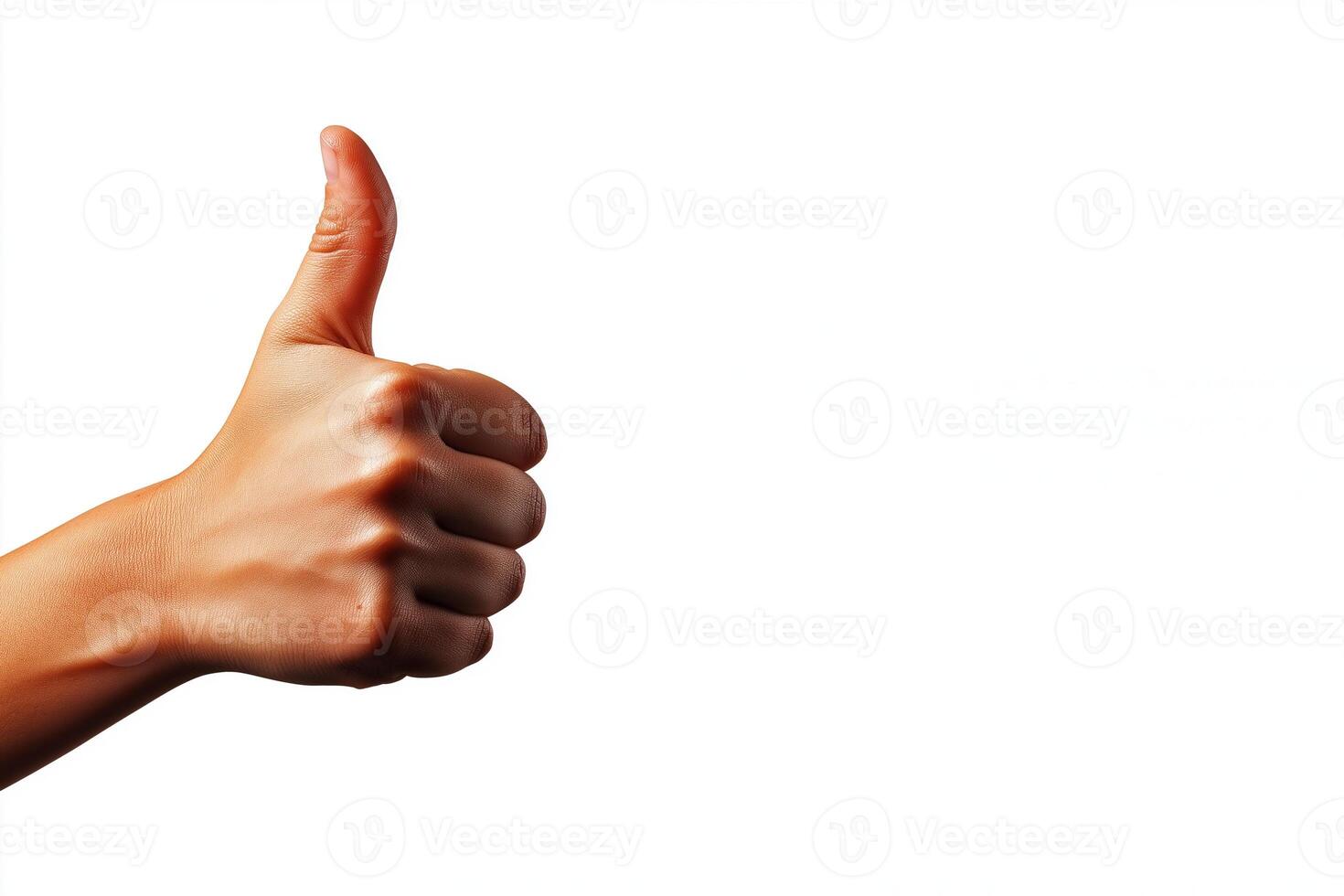 hand showing thumbs up gesture on white background, symbolizing approval and positivity. This conveys sense of encouragement and support photo