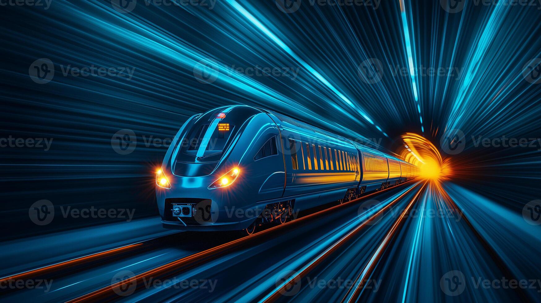 high speed train in blue moving rapidly through glowing tunnel, showcasing dynamic motion and energy. scene captures essence of modern transportation and technology photo